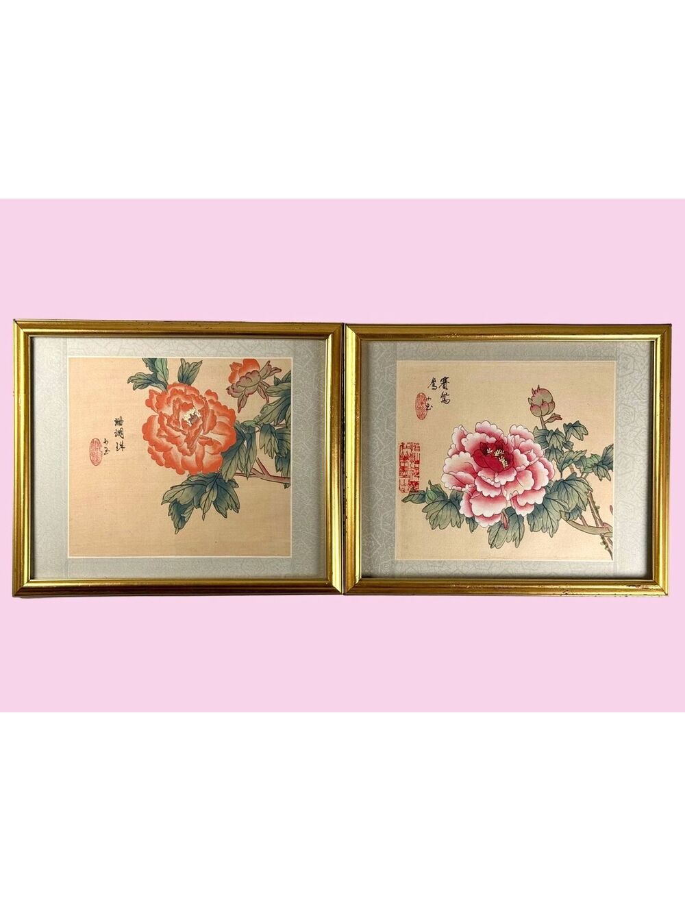 Set 2 Vintage Chinese Silk Peony Paintings Gilt Framed Floral Wall Decor 12x10"
